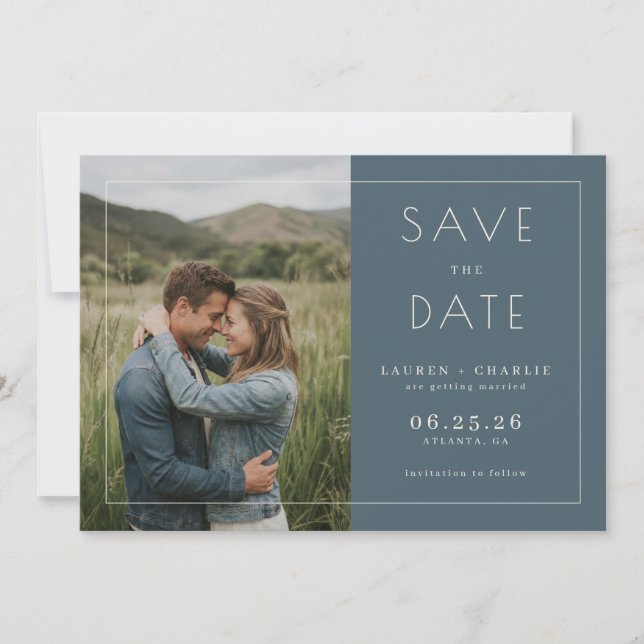 Romantisches Navy Minimalistisches Foto Save The Date (Vorderseite)