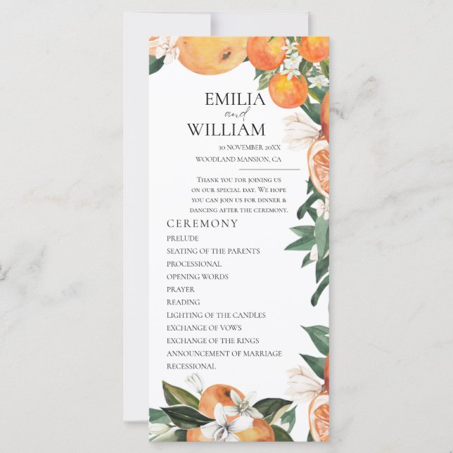 Romantisches Orangen-Hochzeitsprogramm (Vorderseite)