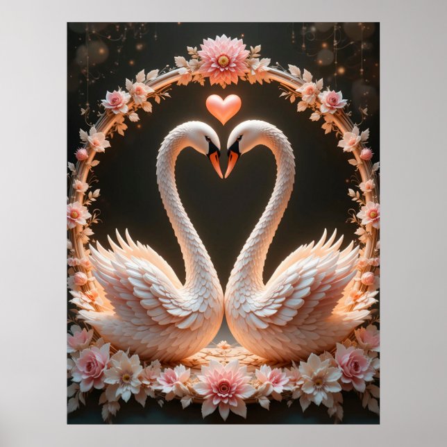 Romantisches Paar eleganter Schwäne inmitten rosa  Poster (Vorne)