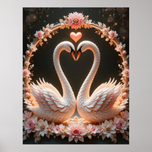 Romantisches Paar eleganter Schwäne zwischen rosa  Poster