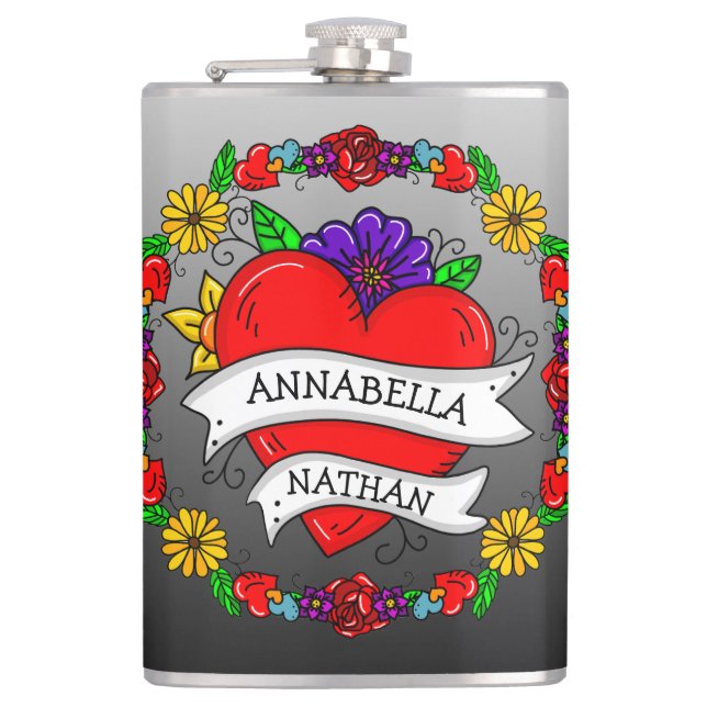 Romantisches Paar-Geschenk | Tattoo Style Art Flachmann (Vorderseite)