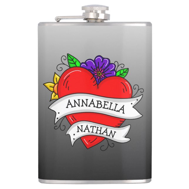 Romantisches Paar-Geschenk | Tattoo Style Art Flachmann (Vorderseite)