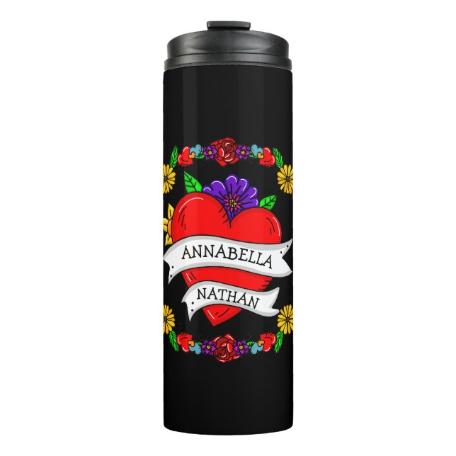 Romantisches Paar-Geschenk | Tattoo Style Art Thermosbecher (Vorderseite)
