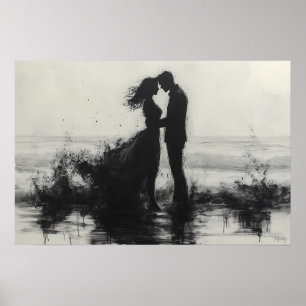 Romantisches Paar küsst sich in Spritzern am Meer Poster