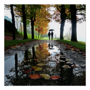 Romantisches Paar Regen Herbst Glänzendes Poster