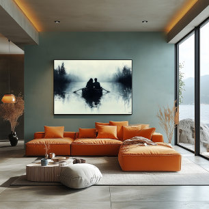 Romantisches Paar rudert auf einem nebligen See Mi Poster