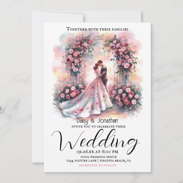 romantisches Paar unter blumengeschmückter Hochzei Einladung (Vorderseite)