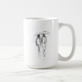 Romantisches Paar Wandern im Regen mit Regenschirm Kaffeetasse