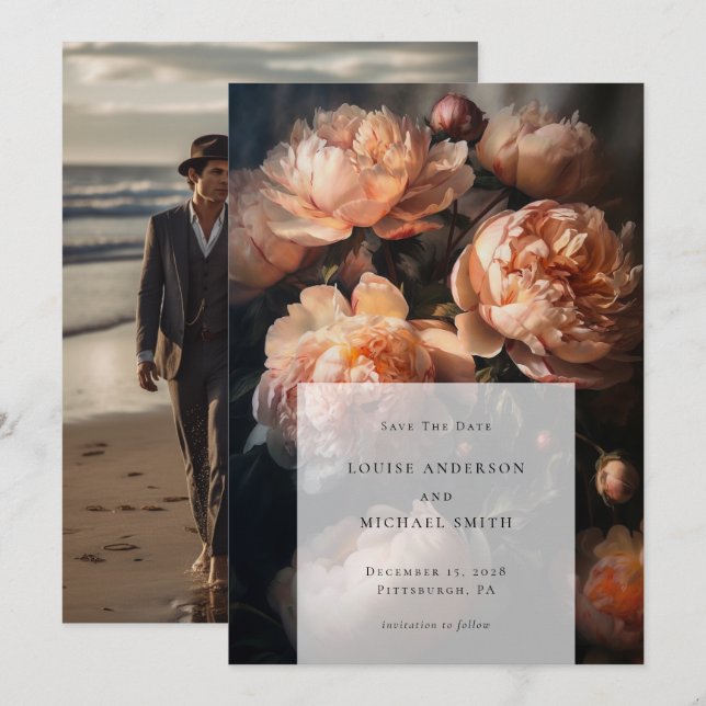 Romantisches Peach Pastel Peony Floral Wedding Fot Save The Date (Vorne/Hinten)