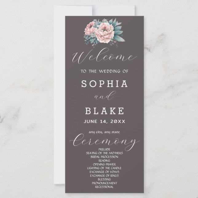 Romantisches Pink Floral Ash Gray Wedding Program (Vorderseite)