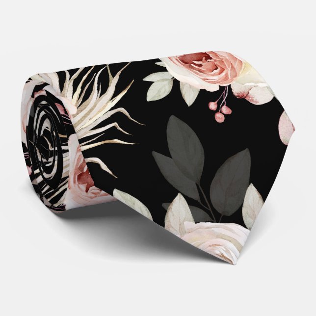 ROMANTISCHES PINK ROSE PATTERN AUF SCHWARZEN GRUPP KRAWATTE (Gerollt)