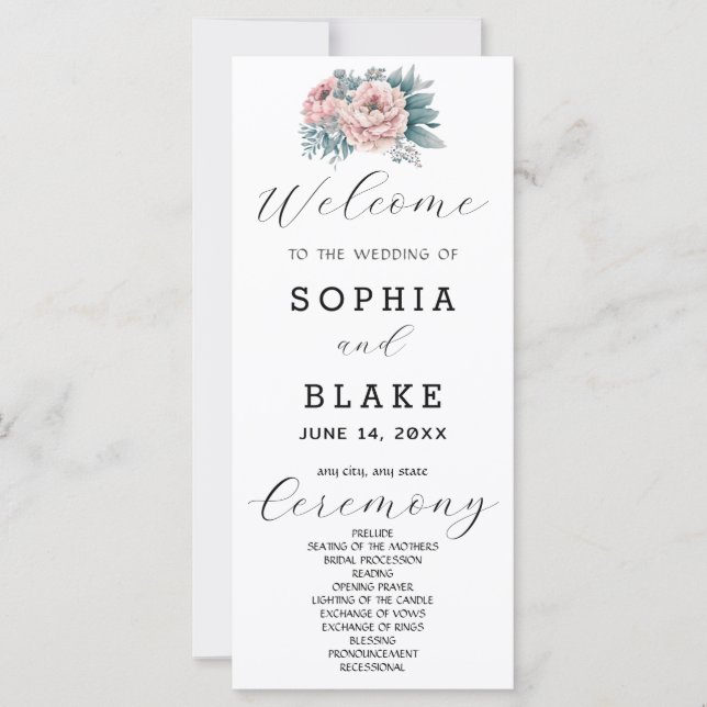 Romantisches rosa Blumen-Hochzeitsprogramm in Weiß (Vorderseite)