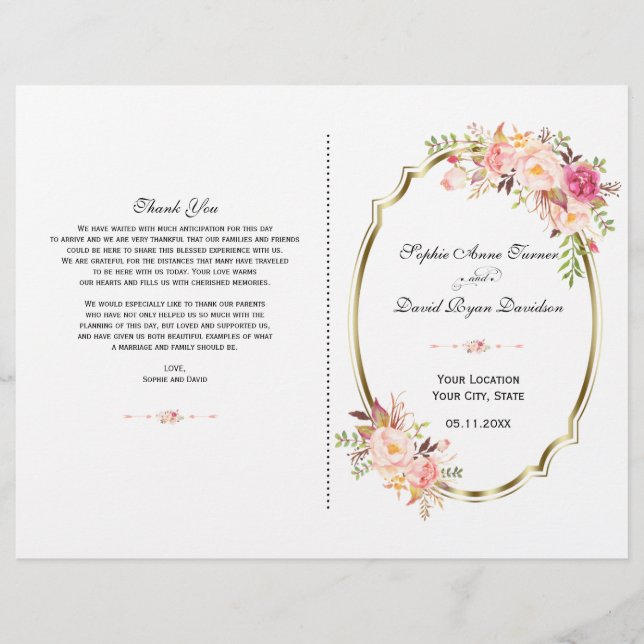 Romantisches Rosa Blush Bloral Gold Hochzeitsprogr (Vorderseite)