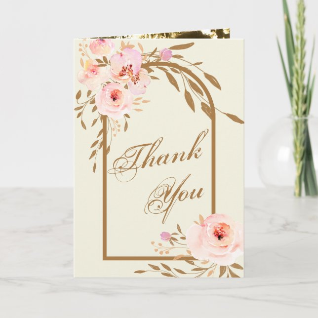 Romantisches Rosa Blush Gold Floral Wedding Foto Dankeskarte (Vorderseite)