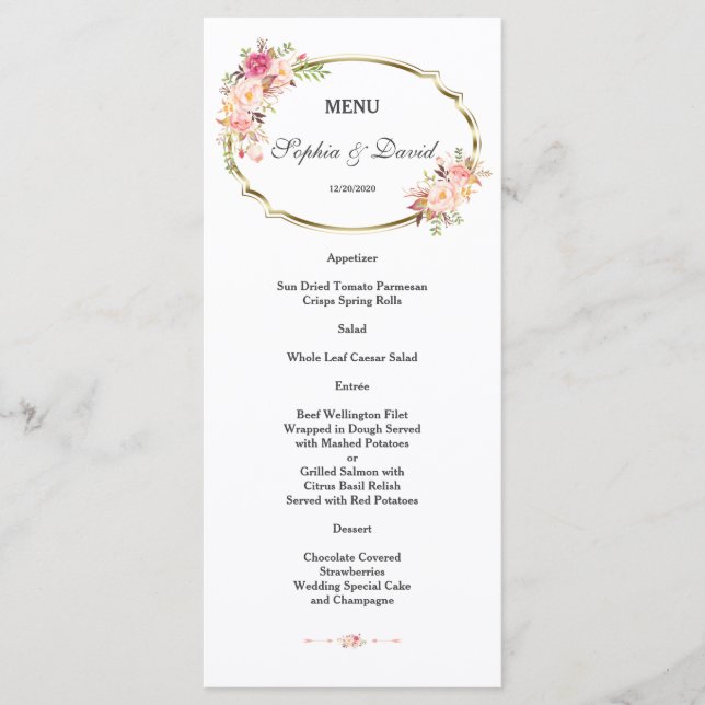 Romantisches Rosa Floral Gold Rahmen Hochzeitsmenü Menükarte (Vorderseite)
