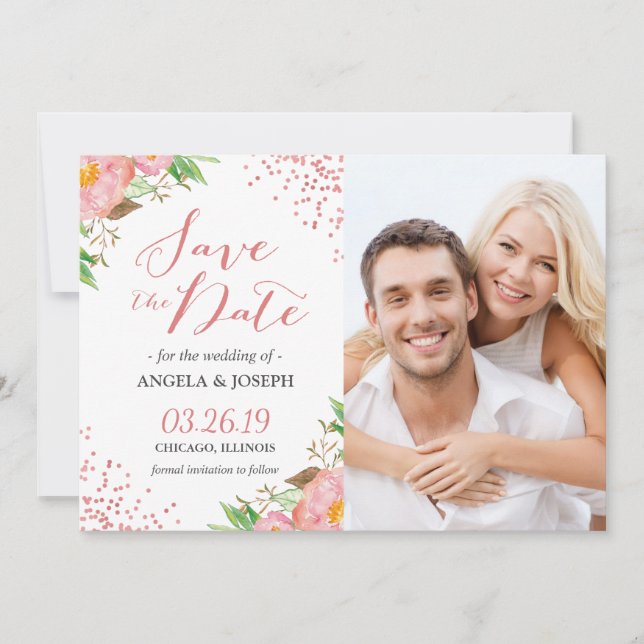 Romantisches rosa florales Confetti-Foto Save the  Date (Vorderseite)