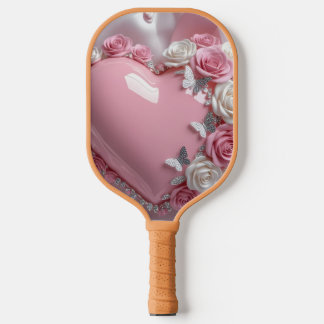 Romantisches Rosa Herz Rose & Schmetterling Elegan Pickleball Schläger