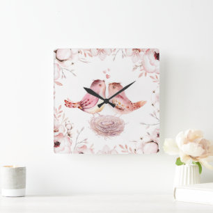 Romantisches Rosa-Liebesvögel-Wasserfarben-Blumend Quadratische Wanduhr