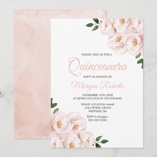 Romantisches Rosa Party Quinceanera Einladung (Vorne/Hinten)