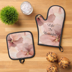 Romantisches Rosa Pink Gold Florales Brautbad Ofenhandschuh & Topflappen-Set
