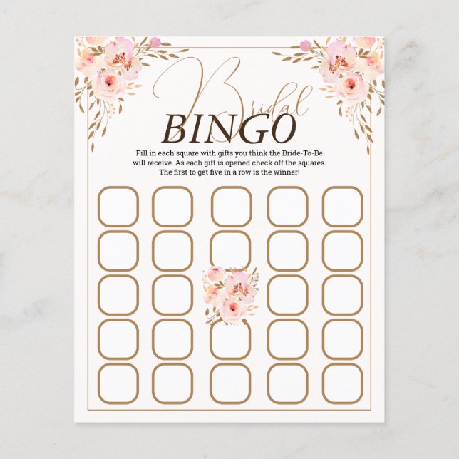 Romantisches Rosa und Gold Floral Bridal Bingo Spi (Rückseite)