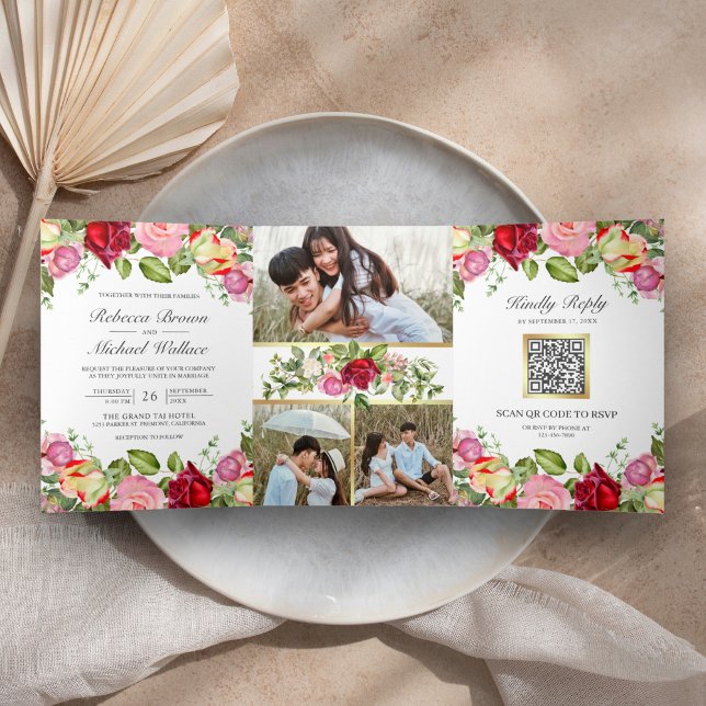 Romantisches Rosa und Rote Rosen QR Code Hochzeit Dreifach Gefaltete Einladung (Von Creator hochgeladen)