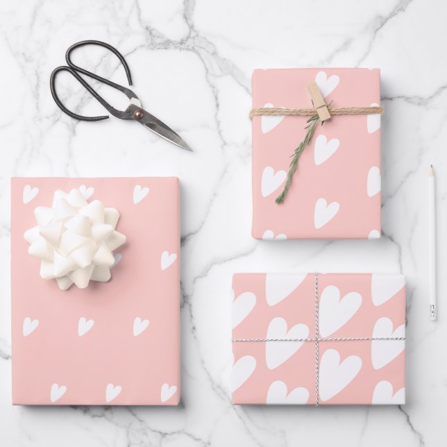 Romantisches Rosa und Weiße Herzen Geschenkpapier Set (Vorderseite)