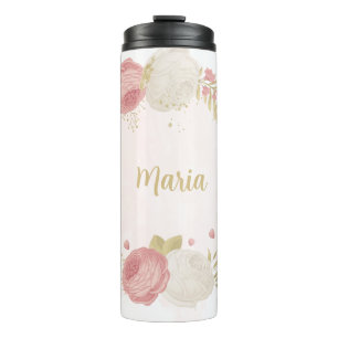 Romantisches Rosa Weiß & Gold Blumenmuster  Thermosbecher