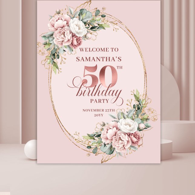 Romantisches Roségold-Grün 50. Geburtstagsbanner Wandteppich (Romantic Rose Gold Greenery 50th Birthday Banner)