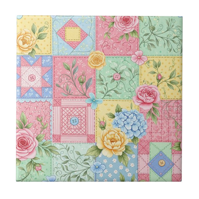 Romantisches Rosen-Patchwork-Muster Fliese (Vorderseite)