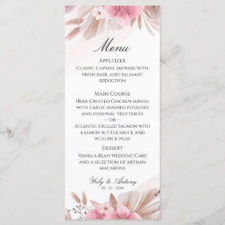 Romantisches Rosen- und Champagner-Boho-Chic-Hochz Menükarte