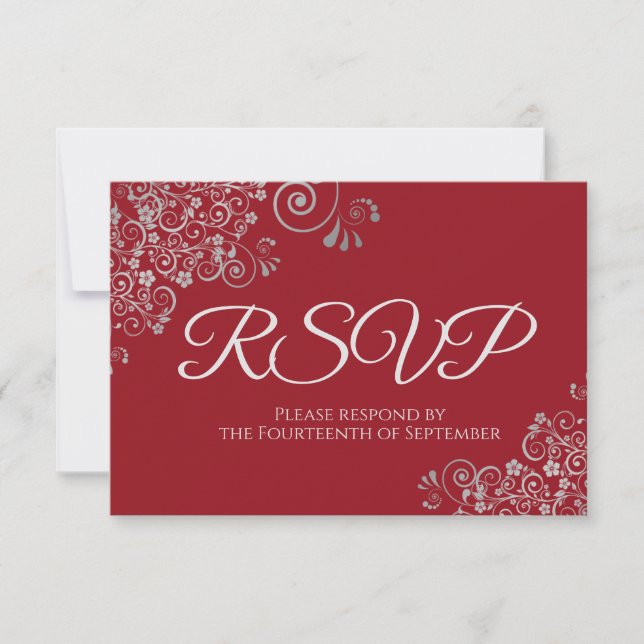 Romantisches Rot mit eleganter Silver Lace Hochzei RSVP Karte (Vorderseite)