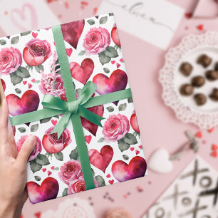 Romantisches Rot-Rosa-Rosen- und Herz-Wasserfarben Geschenkpapier