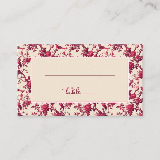 Romantisches rotes florales Vintage-Vögel-Design Platzkarte (Vorderseite)