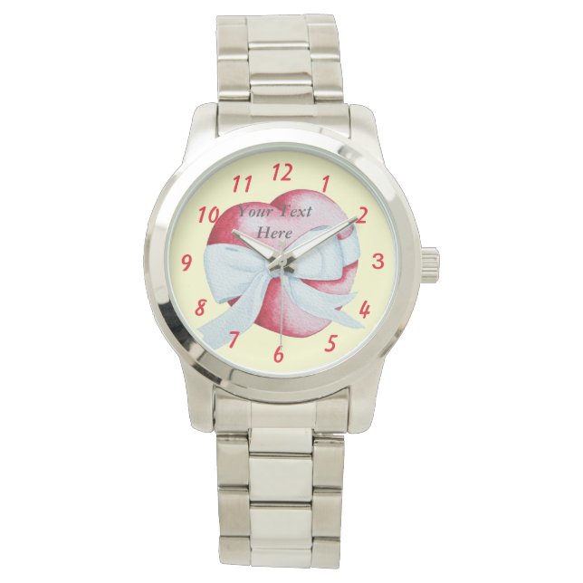Romantisches rotes Herz verbunden mit weißem Bogen Armbanduhr (Vorderseite)