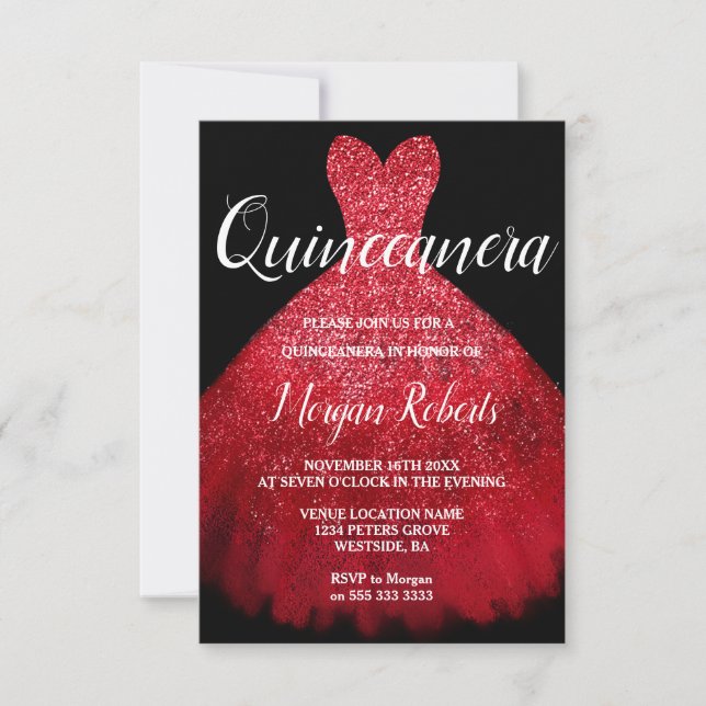 Romantisches Rotes Sparkle Dress Quinceanera 15. P Einladung (Vorderseite)