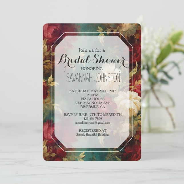 Romantisches Rotes Weiß-Blume-Brautparty Einladung (Stehend Vorderseite)