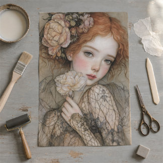 Romantisches Rothaar-Blumenporträt-Decoupage Seidenpapier