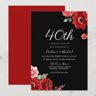 Romantisches Rubinrot & Schwarzes Floral 40. Jubil Einladung