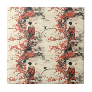 Romantisches Sakura-Kimono-Paar-Muster (2) Fliese