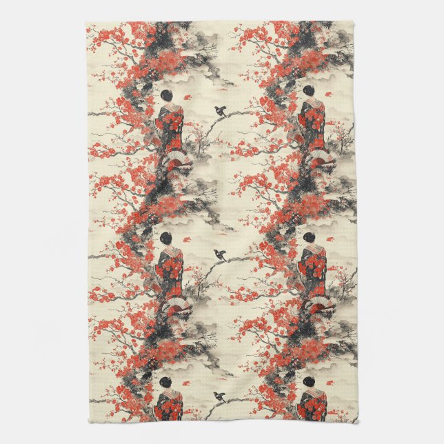 Romantisches Sakura-Kimono-Paar-Muster (2) Geschirrtuch (Vertikal)