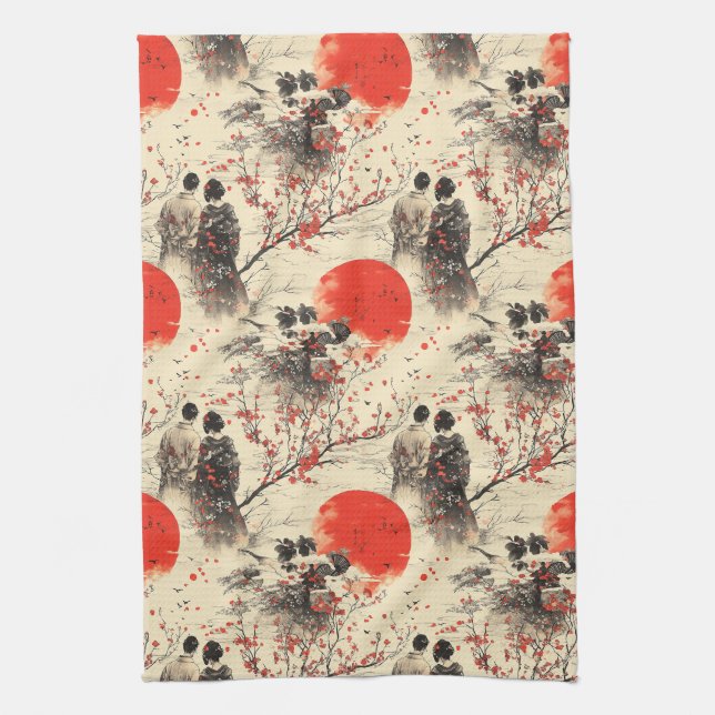 Romantisches Sakura-Kimono-Paar-Muster (3) Geschirrtuch (Vertikal)
