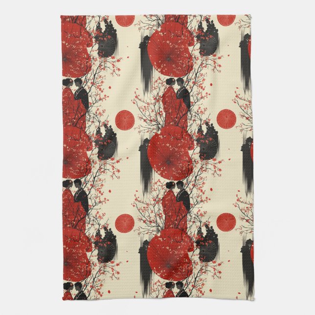 Romantisches Sakura-Kimono-Paar-Muster (4) Geschirrtuch (Vertikal)