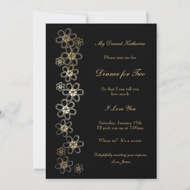 Romantisches Schwarz-Gold-Dinner für zwei Personen Einladung (Vorderseite)