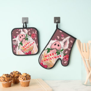 Romantisches Schweinefleisch mit Rose Weihnachten Ofenhandschuh & Topflappen-Set