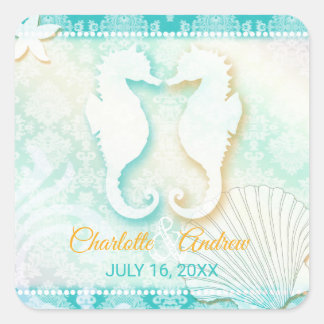 Romantisches Seepferd Pair Beach Hochzeit Save the Quadratischer Aufkleber