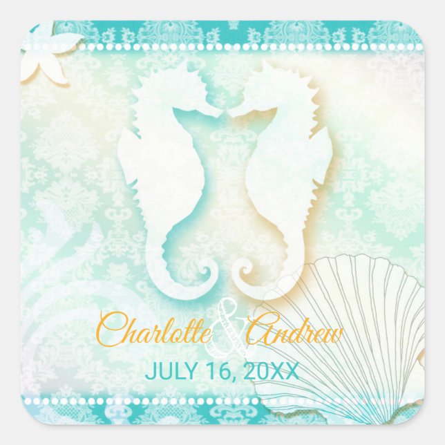 Romantisches Seepferd Pair Beach Hochzeit Save the Quadratischer Aufkleber (Vorderseite)