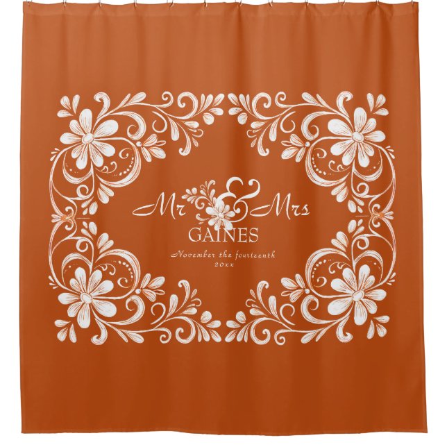 Romantisches Shabby Chic Burnt Orange Mr & Mrs Wed Duschvorhang (Vorderseite)
