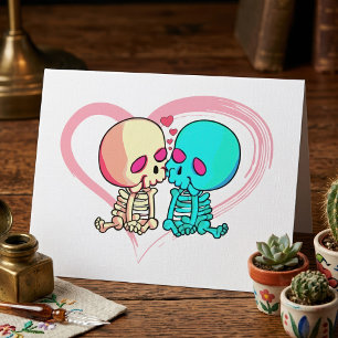 Romantisches Skelett-Paar, das in einem rosa Herze Dankeskarte