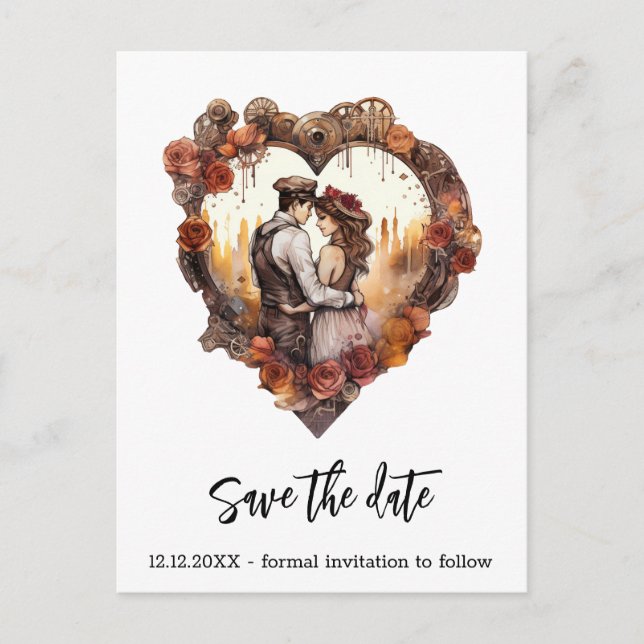 Romantisches Steampunk-Hochzeitsherz Ankündigungspostkarte (Vorderseite)